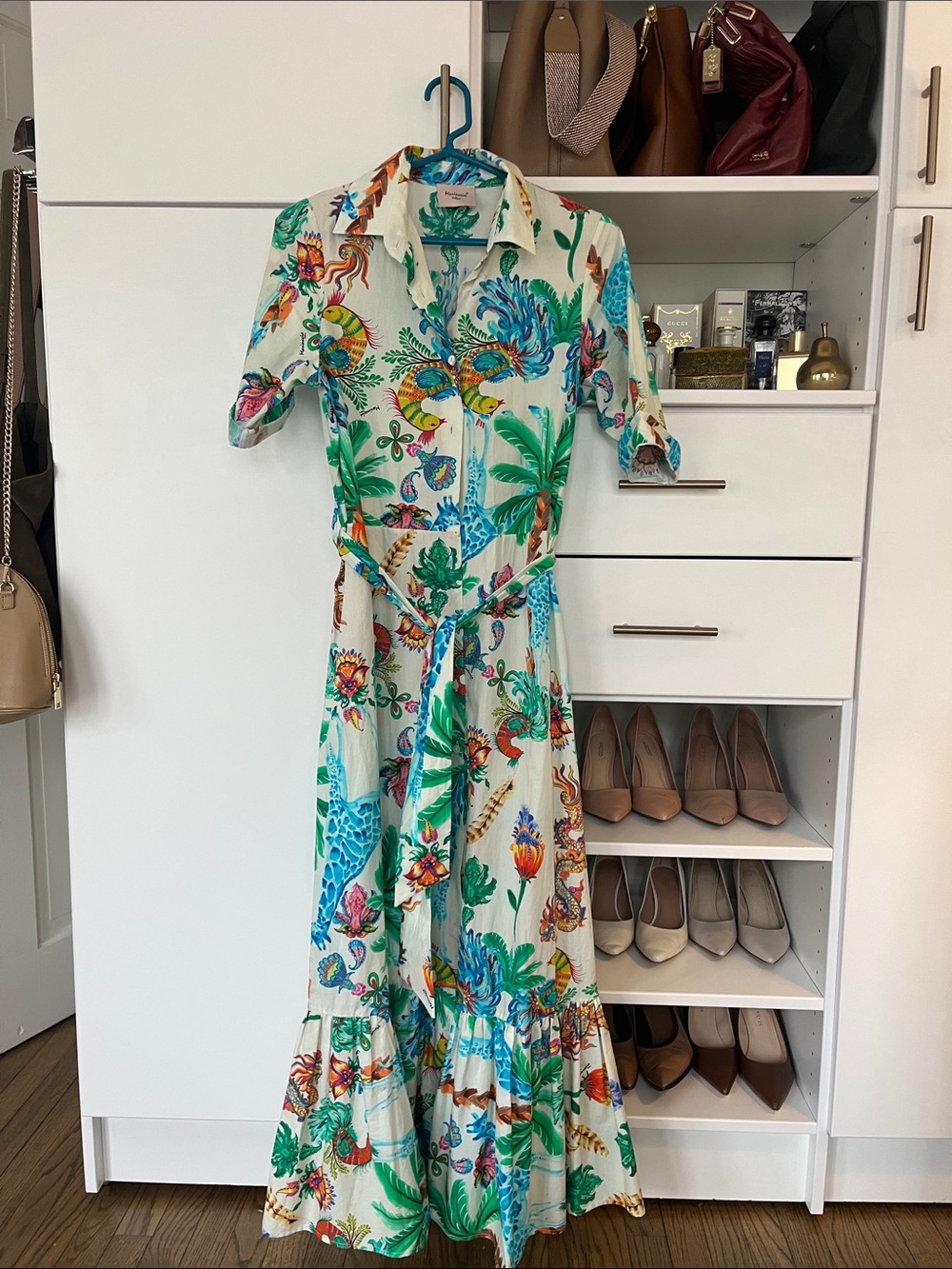 Floral Tropical Print Shirt Dress in White and Green